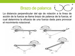 Brazo de palanca
La distancia perpendicular del eje de rotación a la línea de
acción de la fuerza se llama brazo de palanca de la fuerza, el
cual determina la eficacia de una fuerza dada para provocar
el movimiento rotacional.
 