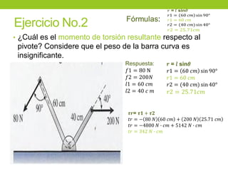Ejercicio No.2
• ¿Cuál es el momento de torsión resultante respecto al
pivote? Considere que el peso de la barra curva es
insignificante.
Respuesta:
𝑓1 = 80 N
𝑓2 = 200𝑁
𝑙1 = 60 𝑐𝑚
𝑙2 = 40 𝑐 𝑚
𝝉𝒓= 𝝉𝟏 + 𝝉𝟐
𝑡𝑟 = − 80 𝑁 60 𝑐𝑚 + 200 𝑁 25.71 𝑐𝑚
𝑡𝑟 = −4800 𝑁 ∙ 𝑐𝑚 + 5142 𝑁 ∙ 𝑐𝑚
𝑡𝑟 = 342 𝑁 ∙ 𝑐𝑚
𝑟 = 𝑙 sin𝜃
𝑟1 = 60 𝑐𝑚 sin 90°
𝑟1 = 60 𝑐𝑚
𝑟2 = (40 𝑐𝑚) sin 40°
𝑟2 = 25.71𝑐𝑚
 
