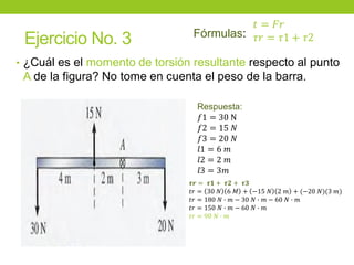 Ejercicio No. 3
• ¿Cuál es el momento de torsión resultante respecto al punto
A de la figura? No tome en cuenta el peso de la barra.
Respuesta:
𝑓1 = 30 N
𝑓2 = 15 𝑁
𝑓3 = 20 𝑁
𝑙1 = 6 𝑚
𝑙2 = 2 𝑚
𝑙3 = 3𝑚
𝝉𝒓 = 𝝉𝟏 + 𝝉𝟐 + 𝝉𝟑
𝑡𝑟 = 30 𝑁 6 𝑀 + −15 𝑁 2 𝑚 + (−20 𝑁)(3 𝑚)
𝑡𝑟 = 180 𝑁 ∙ 𝑚 − 30 𝑁 ∙ 𝑚 − 60 𝑁 ∙ 𝑚
𝑡𝑟 = 150 𝑁 ∙ 𝑚 − 60 𝑁 ∙ 𝑚
𝑡𝑟 = 90 𝑁 ∙ 𝑚
Fórmulas:
 