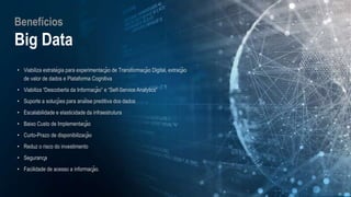 Benefícios
Big Data
• Viabiliza estratégia para experimentação de Transformação Digital, extração
de valor de dados e Plataforma Cognitiva
• Viabiliza “Descoberta da Informação” e “Self-Service Analytics”
• Suporte a soluções para análise preditiva dos dados
• Escalabilidade e elasticidade da infraestrutura
• Baixo Custo de Implementação
• Curto-Prazo de disponibilização
• Reduz o risco do investimento
• Segurança
• Facilidade de acesso a informação.
 