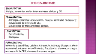 PRAVASTATINA
• Artralgia, calambres musculares, mialgia, debilidad muscular y
elevaciones de niveles de CK).
• Elevaciones de transaminasas séricas.
SIMVASTATINA
Mialgia, aumentos en las transaminasas séricas y CK.
LOVASTATINA
• Estreñimiento
• Dispepsia
FLUVASTATINA
Insomnio y pesadillas; cefalea, cansancio, mareos; dispepsia, dolor
abdominal, náuseas, estreñimiento, flatulencia, diarrea; artralgia;
aumento de la CPK y transaminasas en sangre.
 