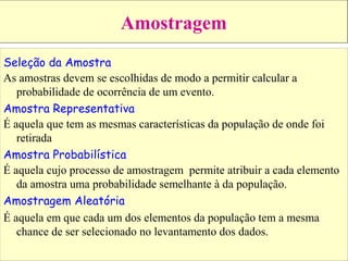 Amostragem
Seleção da Amostra
As amostras devem se escolhidas de modo a permitir calcular a
probabilidade de ocorrência de um evento.
Amostra Representativa
É aquela que tem as mesmas características da população de onde foi
retirada
Amostra Probabilística
É aquela cujo processo de amostragem permite atribuir a cada elemento
da amostra uma probabilidade semelhante à da população.
Amostragem Aleatória
É aquela em que cada um dos elementos da população tem a mesma
chance de ser selecionado no levantamento dos dados.
 
