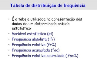 Tabela de distribuição de frequência
• É a tabela utilizada na apresentação dos
dados de um determinado estudo
estatístico
• Variável estatística (xi)
• Frequência absoluta ( fi)
• Frequência relativa (fr%)
• Frequência acumulada (fac)
• Frequência relativa acumulada ( fac%)
 