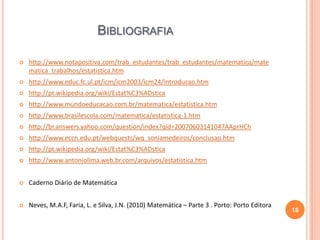 BIBLIOGRAFIA


http://www.notapositiva.com/trab_estudantes/trab_estudantes/matematica/mate
matica_trabalhos/estatistica.htm



http://www.educ.fc.ul.pt/icm/icm2003/icm24/introducao.htm



http://pt.wikipedia.org/wiki/Estat%C3%ADstica



http://www.mundoeducacao.com.br/matematica/estatistica.htm



http://www.brasilescola.com/matematica/estatistica-1.htm



http://br.answers.yahoo.com/question/index?qid=20070603141047AAprHCh



http://www.eccn.edu.pt/webquests/wq_soniamedeiros/conclusao.htm



http://pt.wikipedia.org/wiki/Estat%C3%ADstica



http://www.antoniolima.web.br.com/arquivos/estatistica.htm



Caderno Diário de Matemática



Neves, M.A.F, Faria, L. e Silva, J.N. (2010) Matemática – Parte 3 . Porto: Porto Editora

18

 