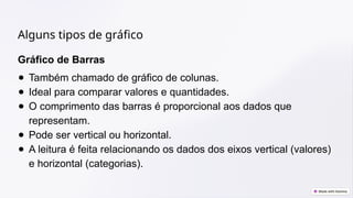Alguns tipos de gráfico
Gráfico de Barras
● Também chamado de gráfico de colunas.
● Ideal para comparar valores e quantidades.
● O comprimento das barras é proporcional aos dados que
representam.
● Pode ser vertical ou horizontal.
● A leitura é feita relacionando os dados dos eixos vertical (valores)
e horizontal (categorias).
 