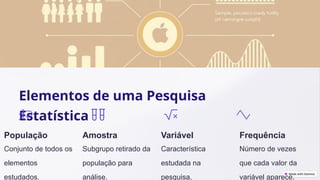Elementos de uma Pesquisa
Estatística
População
Conjunto de todos os
elementos
estudados.
Amostra
Subgrupo retirado da
população para
análise.
Variável
Característica
estudada na
pesquisa.
Frequência
Número de vezes
que cada valor da
variável aparece.
 