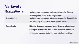 Variável e
Frequência
Qualitativa Valores expressos por atributos. Exemplo: Tipo de
lanche (sanduíche, fruta, salgadinho)
Quantitativa Valores expressos por números. Exemplo: Quantidade
de alunos que escolheu cada tipo de lanche.
Frequência Número de vezes que cada valor da variável aparece.
Exemplo: Número de alunos que preferem cada tipo
de lanche, representado em uma tabela ou gráfico.
 