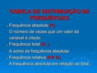 TABELA DE DISTRIBUIÇÃO DE FREQUÊNCIAS .  Frequência absoluta  (F) O número de vezes que um valor da  variável é citado. .  Frequência total  (F t  ) A soma da frequência absoluta. .  Frequência relativa  (FR %) A frequência absoluta em relação ao total. 