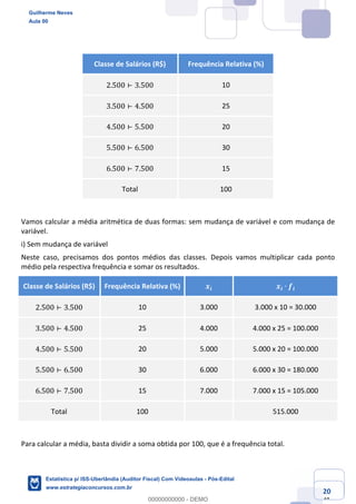 Prof. Guilherme Neves
Aula 00
Estatística para Receita Federal (Auditor Fiscal)
www.estrategiaconcursos.com.br
120
148
Classe de Salários (R$) Frequência Relativa (%)
2.500 ⊢ 3.500 10
3.500 ⊢ 4.500 25
4.500 ⊢ 5.500 20
5.500 ⊢ 6.500 30
6.500 ⊢ 7.500 15
Total 100
Vamos calcular a média aritmética de duas formas: sem mudança de variável e com mudança de
variável.
i) Sem mudança de variável
Neste caso, precisamos dos pontos médios das classes. Depois vamos multiplicar cada ponto
médio pela respectiva frequência e somar os resultados.
Classe de Salários (R$) Frequência Relativa (%) 𝒙𝒊 𝒙𝒊 ∙ 𝒇𝒊
2.500 ⊢ 3.500 10 3.000 3.000 x 10 = 30.000
3.500 ⊢ 4.500 25 4.000 4.000 x 25 = 100.000
4.500 ⊢ 5.500 20 5.000 5.000 x 20 = 100.000
5.500 ⊢ 6.500 30 6.000 6.000 x 30 = 180.000
6.500 ⊢ 7.500 15 7.000 7.000 x 15 = 105.000
Total 100 515.000
Para calcular a média, basta dividir a soma obtida por 100, que é a frequência total.
Guilherme Neves
Aula 00
Estatística p/ ISS-Uberlândia (Auditor Fiscal) Com Videoaulas - Pós-Edital
www.estrategiaconcursos.com.br
0
00000000000 - DEMO
 