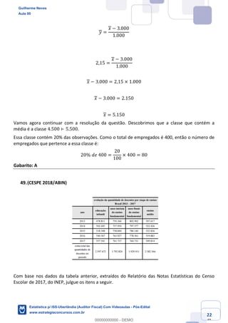 Prof. Guilherme Neves
Aula 00
Estatística para Receita Federal (Auditor Fiscal)
www.estrategiaconcursos.com.br
122
148
𝑦 =
𝑥 − 3.000
1.000
2,15 =
𝑥 − 3.000
1.000
𝑥 − 3.000 = 2,15 × 1.000
𝑥 − 3.000 = 2.150
𝑥 = 5.150
Vamos agora continuar com a resolução da questão. Descobrimos que a classe que contém a
média é a classe 4.500 ⊢ 5.500.
Essa classe contém 20% das observações. Como o total de empregados é 400, então o número de
empregados que pertence a essa classe é:
20%	𝑑𝑒	400 =
20
100
× 400 = 80
Gabarito: A
(CESPE 2018/ABIN)
Com base nos dados da tabela anterior, extraídos do Relatório das Notas Estatísticas do Censo
Escolar de 2017, do INEP, julgue os itens a seguir.
Guilherme Neves
Aula 00
Estatística p/ ISS-Uberlândia (Auditor Fiscal) Com Videoaulas - Pós-Edital
www.estrategiaconcursos.com.br
0
00000000000 - DEMO
 