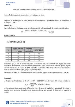 Prof. Guilherme Neves
Aula 00
Estatística para Receita Federal (Auditor Fiscal)
www.estrategiaconcursos.com.br
128
148
Internet: <www.correiobraziliense.com.br> (com adaptações).
Com referência ao texto apresentado acima, julgue os itens:
Segundo as informações do texto, entre os estados citados a quantidade média de bombeiros é
superior a 7.600.
Resolução
Para calcular a média, basta somar os valores e dividir pela quantidade de estados considerados.
	𝑥	]]] =
8.500 + 16.500 + 5.000 + 630
4
= 7.657,5
Gabarito: Certo
(CESPE 2010/SEFAZ-ES)
Considere que, a fim de avaliar despesas com salários do pessoal lotado em órgãos do Poder
Executivo, determinada secretaria de fazenda decidiu fazer um levantamento em quatro órgãos
em relação ao mês de agosto de 2009. Os dados observados estão apresentados na tabela acima.
Com base nessas informações, julgue os próximos itens.
Em agosto de 2009, os salários médios do pessoal nesses órgãos foram superiores a R$ 4.500,00.
Resolução
A despesa total no órgão A foi de 100 x 10.000 = 1.000.000 reais. Como são 220 cargos, a média é:
𝑥–]]] =
1.000.000
220
≅ 4.545,45 > 4.500
Observe que a despesa do órgão B foi maior que a despesa do órgão A e a quantidade de cargos é
praticamente a mesma. Desta forma, já podemos afirmar que a média de B também é superior a
4.500.
Guilherme Neves
Aula 00
Estatística p/ ISS-Uberlândia (Auditor Fiscal) Com Videoaulas - Pós-Edital
www.estrategiaconcursos.com.br
0
00000000000 - DEMO
 