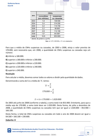 Prof. Guilherme Neves
Aula 00
Estatística para Receita Federal (Auditor Fiscal)
www.estrategiaconcursos.com.br
131
148
	
Para que a média de CNHs suspensas ou cassadas, de 2003 a 2008, atinja o valor previsto de
170.000, será necessário que, em 2008, a quantidade de CNHs suspensas ou cassadas seja um
número
A) inferior a 180.000.
B) superior a 180.000 e inferior a 200.000.
C) superior a 200.000 e inferior a 220.000.
D) superior a 220.000 e inferior a 240.000.
E) superior a 240.000.
Resolução
Para calcular a média, devemos somar todos os valores e dividir pela quantidade de dados.
Denominando a soma de S e a média de 	𝑥	]]], temos:
	𝑥	]]] =
𝑆
𝑛
170.000 =
𝑆
6
𝑆 = 6 × 170.000 = 1.020.000
De 2003 até junho de 2008 (conforme a tabela), a soma total é de 853.900. Entretanto, para que a
média seja de 170.000, a soma total deve ser 1.020.000. Desta forma, de julho a dezembro de
2008, a quantidade de CNHs suspensas ou cassadas tem que ser igual a 1.020.000 – 853.900 =
166.100.
Desta forma, o total de CNHs suspensas ou cassadas em todo o ano de 2008 deverá ser igual a
64.500 + 166.100 = 230.600.
Gabarito: D
Guilherme Neves
Aula 00
Estatística p/ ISS-Uberlândia (Auditor Fiscal) Com Videoaulas - Pós-Edital
www.estrategiaconcursos.com.br
0
00000000000 - DEMO
 