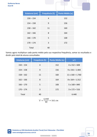 Prof. Guilherme Neves
Aula 00
Estatística para Receita Federal (Auditor Fiscal)
www.estrategiaconcursos.com.br
23
148
Estaturas (cm) Frequência (fi) Ponto Médio (xi)
150 – 154 4 152
154 – 158 9 156
158 – 162 11 160
162 – 166 8 164
166 – 170 5 168
170 – 174 3 172
Total 40
Vamos agora multiplicar cada ponto médio pela sua respectiva frequência, somar os resultados e
dividir pelo total de alunos consultados.
Estaturas (cm) Frequência (fi) Ponto Médio (xi) xi fi
150 – 154 4 152 4 x 152 = 608
154 – 158 9 156 9 x 156 = 1.404
158 – 162 11 160 11 x 160 = 1.760
162 – 166 8 164 8 x 164 = 1.312
166 – 170 5 168 5 x 168 = 840
170 – 174 3 172 3 x 172 = 516
Total 40 6.440
	𝑥	]]] =
6.440
40
= 161	𝑐𝑚
Guilherme Neves
Aula 00
Estatística p/ ISS-Uberlândia (Auditor Fiscal) Com Videoaulas - Pós-Edital
www.estrategiaconcursos.com.br
0
00000000000 - DEMO
 