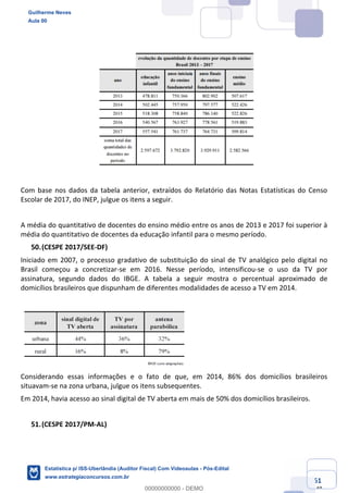 Prof. Guilherme Neves
Aula 00
Estatística para Receita Federal (Auditor Fiscal)
www.estrategiaconcursos.com.br
61
148
Com base nos dados da tabela anterior, extraídos do Relatório das Notas Estatísticas do Censo
Escolar de 2017, do INEP, julgue os itens a seguir.
A média do quantitativo de docentes do ensino médio entre os anos de 2013 e 2017 foi superior à
média do quantitativo de docentes da educação infantil para o mesmo período.
(CESPE 2017/SEE-DF)
Iniciado em 2007, o processo gradativo de substituição do sinal de TV analógico pelo digital no
Brasil começou a concretizar-se em 2016. Nesse período, intensificou-se o uso da TV por
assinatura, segundo dados do IBGE. A tabela a seguir mostra o percentual aproximado de
domicílios brasileiros que dispunham de diferentes modalidades de acesso a TV em 2014.
Considerando essas informações e o fato de que, em 2014, 86% dos domicílios brasileiros
situavam-se na zona urbana, julgue os itens subsequentes.
Em 2014, havia acesso ao sinal digital de TV aberta em mais de 50% dos domicílios brasileiros.
(CESPE 2017/PM-AL)
Guilherme Neves
Aula 00
Estatística p/ ISS-Uberlândia (Auditor Fiscal) Com Videoaulas - Pós-Edital
www.estrategiaconcursos.com.br
0
00000000000 - DEMO
 
