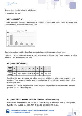 Prof. Guilherme Neves
Aula 00
Estatística para Receita Federal (Auditor Fiscal)
www.estrategiaconcursos.com.br
66
148
D) superior a 220.000 e inferior a 240.000.
E) superior a 240.000.
(CESPE 2008/PRF)
O gráfico a seguir, que ilustra a previsão das reservas monetárias de alguns países, em 2008, deve
ser considerado para o julgamento dos itens.
Com base nas informações do gráfico apresentado acima, julgue os seguintes itens.
Entre as reservas apresentadas no gráfico, apenas as da Rússia e da China superam a média
aritmética das reservas de todos eles.
(CESPE 2016/FUNPRESP)
Considerando que os dados na tabela mostram salários de diferentes servidores que
aderiram (1) ou não aderiram (0) a determinado plano de previdência complementar, julgue
o item subsecutivo.
A média dos salários do grupo que aderiu ao plano de previdência complementar é menor
que a do que não aderiu ao plano.
(CESPE 2015/TELEBRAS/Técnico em Gestão de Telecomunicações)
A equipe de atendentes de um serviço de telemarketing é constituída por 30 empregados,
divididos em 3 grupos, que trabalham de acordo com a seguinte escala.
Guilherme Neves
Aula 00
Estatística p/ ISS-Uberlândia (Auditor Fiscal) Com Videoaulas - Pós-Edital
www.estrategiaconcursos.com.br
0
00000000000 - DEMO
 
