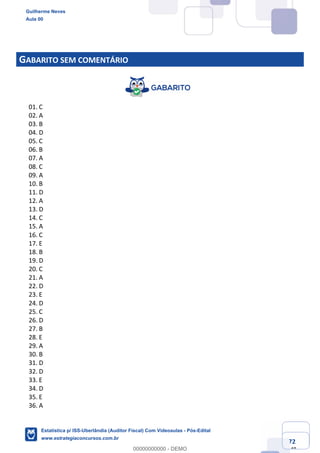 Prof. Guilherme Neves
Aula 00
Estatística para Receita Federal (Auditor Fiscal)
www.estrategiaconcursos.com.br
72
148
GABARITO SEM COMENTÁRIO
01. C
02. A
03. B
04. D
05. C
06. B
07. A
08. C
09. A
10. B
11. D
12. A
13. D
14. C
15. A
16. C
17. E
18. B
19. D
20. C
21. A
22. D
23. E
24. D
25. C
26. D
27. B
28. E
29. A
30. B
31. D
32. D
33. E
34. D
35. E
36. A
Guilherme Neves
Aula 00
Estatística p/ ISS-Uberlândia (Auditor Fiscal) Com Videoaulas - Pós-Edital
www.estrategiaconcursos.com.br
0
00000000000 - DEMO
 