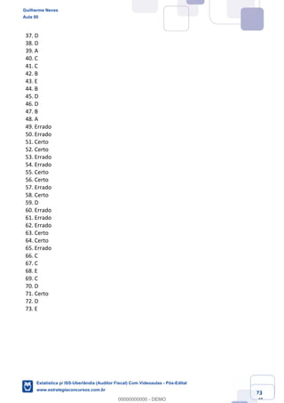 Prof. Guilherme Neves
Aula 00
Estatística para Receita Federal (Auditor Fiscal)
www.estrategiaconcursos.com.br
73
148
37. D
38. D
39. A
40. C
41. C
42. B
43. E
44. B
45. D
46. D
47. B
48. A
49. Errado
50. Errado
51. Certo
52. Certo
53. Errado
54. Errado
55. Certo
56. Certo
57. Errado
58. Certo
59. D
60. Errado
61. Errado
62. Errado
63. Certo
64. Certo
65. Errado
66. C
67. C
68. E
69. C
70. D
71. Certo
72. D
73. E
Guilherme Neves
Aula 00
Estatística p/ ISS-Uberlândia (Auditor Fiscal) Com Videoaulas - Pós-Edital
www.estrategiaconcursos.com.br
0
00000000000 - DEMO
 