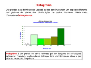 Os gráficos das distribuições usando dados contínuos têm um aspecto diferente
dos gráficos de barras das distribuições de dados discretos. Neste caso
chamam-se histogramas.
Histograma é um gráfico de barras formado por um conjunto de rectângulos
adjacentes (colados), tendo cada um deles por base um intervalo de classe e por
altura a respectiva frequência.
Histograma
 