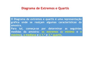Diagrama de Extremos e Quartis
O Diagrama de extremos e quartis é uma representação
gráfica onde se realçam algumas características da
amostra.
Para tal, começa-se por determinar as seguintes
medidas da amostra: os extremos (o mínimo e o
máximo), a mediana e o 1.º e 3.º quartis.
 