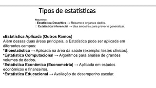 Tipos de estatísticas
3️
3️
⃣ Estatística Aplicada (Outros Ramos)
Além dessas duas áreas principais, a Estatística pode ser aplicada em
diferentes campos:
•Bioestatística → Aplicada na área da saúde (exemplo: testes clínicos).
•Estatística Computacional → Algoritmos para análise de grandes
volumes de dados.
•Estatística Econômica (Econometria) → Aplicada em estudos
econômicos e financeiros.
•Estatística Educacional → Avaliação de desempenho escolar.
Resumindo
📌 Estatística Descritiva → Resume e organiza dados.
📌 Estatística Inferencial → Usa amostras para prever e generalizar.
 