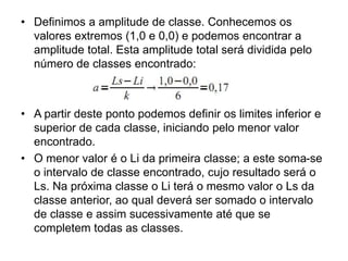 • Definimos a amplitude de classe. Conhecemos os
valores extremos (1,0 e 0,0) e podemos encontrar a
amplitude total. Esta amplitude total será dividida pelo
número de classes encontrado:
• A partir deste ponto podemos definir os limites inferior e
superior de cada classe, iniciando pelo menor valor
encontrado.
• O menor valor é o Li da primeira classe; a este soma-se
o intervalo de classe encontrado, cujo resultado será o
Ls. Na próxima classe o Li terá o mesmo valor o Ls da
classe anterior, ao qual deverá ser somado o intervalo
de classe e assim sucessivamente até que se
completem todas as classes.
 