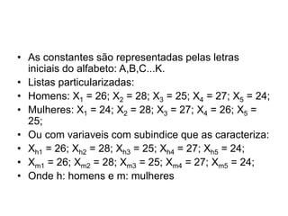 • As constantes são representadas pelas letras
iniciais do alfabeto: A,B,C...K.
• Listas particularizadas:
• Homens: X1 = 26; X2 = 28; X3 = 25; X4 = 27; X5 = 24;
• Mulheres: X1 = 24; X2 = 28; X3 = 27; X4 = 26; X5 =
25;
• Ou com variaveis com subindice que as caracteriza:
• Xh1 = 26; Xh2 = 28; Xh3 = 25; Xh4 = 27; Xh5 = 24;
• Xm1 = 26; Xm2 = 28; Xm3 = 25; Xm4 = 27; Xm5 = 24;
• Onde h: homens e m: mulheres
 