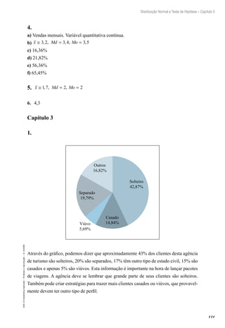 131
Distribuição Normal e Teste de Hipótese – Capítulo 5
EAD-15-Estatística
Aplicada
–
Proibida
a
reprodução
–
©
UniSEB
4.	
a) Vendas mensais. Variável quantitativa contínua.
b) x Md Mo
≅ = =
3 2 3 4 3 5
, , , , ,
c) 16,36%
d) 21,82%
e) 56,36%
f) 65,45%
5.	 x Md Mo
≅ = =
1 7 2 2
, , ,
6.	 4,3
Capítulo 3
1.	
Viúvo
5,69%
Solteiro
42,87%
Casado
14,84%
Separado
19,79%
Outros
16,82%
Através do gráfico, podemos dizer que aproximadamente 43% dos clientes desta agência
de turismo são solteiros, 20% são separados, 17% têm outro tipo de estado civil, 15% são
casados e apenas 5% são viúvos. Esta informação é importante na hora de lançar pacotes
de viagens. A agência deve se lembrar que grande parte de seus clientes são solteiros.
Também pode criar estratégias para trazer mais clientes casados ou viúvos, que provavel-
mente devem ter outro tipo de perfil.
 