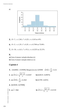 134
Estatística Aplicada
Proibida
a
reprodução
–
©
UniSEB
Interativo
e)
0
5
10
15
20
25
30
10│–14
14│–18
18│–22
22│–26
26│–30
30│–34
34│–38
38│–42
Frequência
Número de horas
5.	 R s s cv
2
= ≅ ≅ ≅
7 2 88 8 29 0 45 45
, , , , , , %
ou
6.	 R s s cv
2
= ≅ ≅ ≅
5 1 29 8 29 0 7588 75 88
, , , , , , , %
ou
7.	 R s s cv
2
= ≅ ≅ ≅
30 6 9 47 6 0 2233 22 33
, , , , , , , %
ou
8.	
a) Caixa A (menor variação absoluta (s))
b) Caixa A (maior variação relativa (cv))
Capítulo 4
1.	 [14,04902 ; 15,95098]	Margem de erro: 0,95098 EP(X)
S
n
^
= = 0 34
,
2.	 a) EP( p )
p p
n
^

 
=
−
=
( )
,
1
0 02487 b) [0,40125 ; 0,49875]
3.	 a) EP(X)
S
n
^
= = 0 3863
, b) [4,3749 ; 6,0251]
4.	 [0,52110 ; 0,57890]
5.	 a) p
 = 0.4 b) EP( p )
p p
n
^

 
=
−
=
( )
,
1
0 01549
 