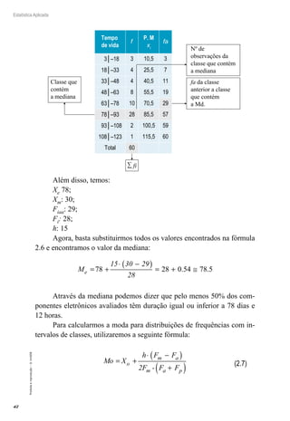 42
Estatística Aplicada
Proibida
a
reprodução
–
©
UniSEB
Tempo
de vida
f fa
3│–18 3 10,5 3
18│–33 4
4
25,5 7
33│–48 40,5 11
48│–63 8 55,5 19
63│–78 10 70,5 29
78│–93
93│–108
28 85,5 57
59
60
Total
115,5
P. M
xi
108│–123
2
1
60
100,5
Classe que
contém
a mediana
fa da classe
anterior a classe
que contém
a Md.
Nº de
observações da
classe que contém
a mediana
∑ fi
Além disso, temos:
Xe 78;
Xm: 30;
Fiaa: 29;
Fi: 28;
h: 15
Agora, basta substituirmos todos os valores encontrados na fórmula
2.6 e encontramos o valor da mediana:
M
15 30 29
28
e = +
⋅ −
( ) = + ≅
78 28 0 54 78 5
. .
Através da mediana podemos dizer que pelo menos 50% dos com-
ponentes eletrônicos avaliados têm duração igual ou inferior a 78 dias e
12 horas.
Para calcularmos a moda para distribuições de frequências com in-
tervalos de classes, utilizaremos a seguinte fórmula:
Mo X
h F F
2F - F F
o
m a
m a p
= +
⋅ −
( )
+
( ) (2.7)
 