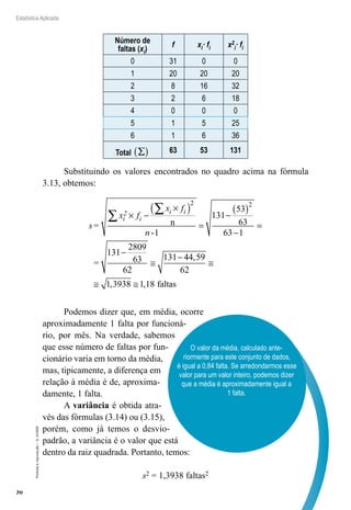 70
Estatística Aplicada
Proibida
a
reprodução
–
©
UniSEB
Número de
faltas (xi)
f xi· fi x2
i· fi
0 31 0 0
1 20 20 20
2 8 16 32
3 2 6 18
4 0 0 0
5 1 5 25
6 1 6 36
Total ∑
∑
( ) 63 53 131
Substituindo os valores encontrados no quadro acima na fórmula
3.13, obtemos:
s
x f
x f
n
i
2
i
i i
= n
-
=
× −
×
( )
=
−
( )
−
=
−
≅
−
∑
∑
2 2
1
131
53
63
63 1
131
2809
63
62
131 4
44 59
62
1 3938 1 18
,
, ,
≅
≅ ≅ faltas
Podemos dizer que, em média, ocorre
aproximadamente 1 falta por funcioná-
rio, por mês. Na verdade, sabemos
que esse número de faltas por fun-
cionário varia em torno da média,
mas, tipicamente, a diferença em
relação à média é de, aproxima-
damente, 1 falta.
A variância é obtida atra-
vés das fórmulas (3.14) ou (3.15),
porém, como já temos o desvio-
padrão, a variância é o valor que está
dentro da raiz quadrada. Portanto, temos:
s2 = 1,3938 faltas2
O valor da média, calculado ante-
riormente para este conjunto de dados,
é igual a 0,84 falta. Se arredondarmos esse
valor para um valor inteiro, podemos dizer
que a média é aproximadamente igual a
1 falta.
 