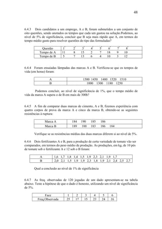 48
6.4.3 Dois candidatos a um emprego, A e B, foram submetidos a um conjunto de
oito questões, sendo anotados os tempos que cada um gastou na solução.Podemos, ao
nível de 5% de significância, concluir que B seja mais rápido que A, em termos do
tempo médio gasto para resolver questões do tipo das formuladas?
Questão 1ª
2ª
3ª
4ª
5ª
6ª
7ª
8ª
Tempo de A 11 8 15 2 7 18 9 10
Tempo de B 5 7 13 6 4 10 3 12
6.4.4 Foram ensaiadas lâmpadas das marcas A e B. Verificou-se que os tempos de
vida (em horas) foram:
A 1500 1450 1480 1520 1510
B 1000 1300 1180 1250
Podemos concluir, ao nível de significância de 1%, que o tempo médio de
vida da marca A supera o de B em mais de 300h?
6.4.5 A fim de comparar duas marcas de cimento, A e B, fizemos experiência com
quatro corpos de prova da marca A e cinco da marca B, obtendo-se as seguintes
resistências à ruptura:
Marca A 184 190 185 186
Marca B 189 188 183 186 184
Verifique se as resistências médias das duas marcas diferem si ao nível de 5%.
6.4.6 Dois fertilizantes A e B, para a produção de certa variedade de tomate vão ser
comparados, em termos do peso médio de produção. As produções, em kg, de 10 pés
de tomate sob o fertilizante A e 12 sob o B foram:
A 1,6 1,7 1,8 1,4 1,5 1,9 2,3 2,1 1,9 1,7
B 2,0 2,1 1,5 1,9 1,9 2,3 1,8 1,9 2,1 2,4 2,5 2,7
Qual a conclusão ao nível de 1% de significância
6.4.7 As freq. observadas de 120 jogadas de um dado apresentam-se na tabela
abaixo. Teste a hipótese de que o dado é honesto, utilizando um nível de significância
de 5%.
Face 1 2 3 4 5 6
Freq.Observada 25 17 15 23 24 16
 