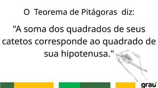 O Teorema de Pitágoras diz:
"A soma dos quadrados de seus
catetos corresponde ao quadrado de
sua hipotenusa."
 
