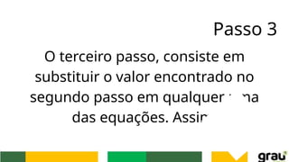 Passo 3
O terceiro passo, consiste em
substituir o valor encontrado no
segundo passo em qualquer uma
das equações. Assim,
 