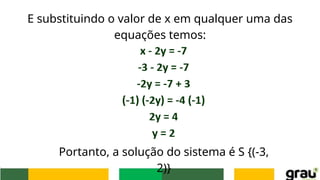 E substituindo o valor de x em qualquer uma das
equações temos:
Portanto, a solução do sistema é S {(-3,
2)}
 
