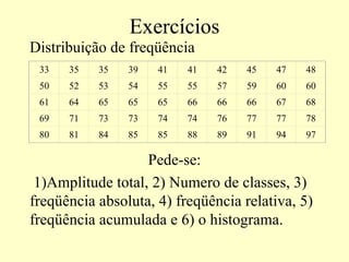 Exercícios
Distribuição de freqüência
 33   35   35   39   41   41   42   45   47   48
 50   52   53   54   55   55   57   59   60   60
 61   64   65   65   65   66   66   66   67   68
 69   71   73   73   74   74   76   77   77   78
 80   81   84   85   85   88   89   91   94   97

                   Pede-se:
 1)Amplitude total, 2) Numero de classes, 3)
freqüência absoluta, 4) freqüência relativa, 5)
freqüência acumulada e 6) o histograma.
 