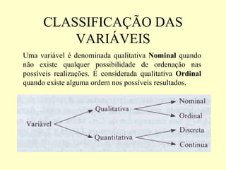 CLASSIFICAÇÃO DAS
          VARIÁVEIS
Uma variável é denominada qualitativa Nominal quando
não existe qualquer possibilidade de ordenação nas
possíveis realizações. É considerada qualitativa Ordinal
quando existe alguma ordem nos possíveis resultados.
 