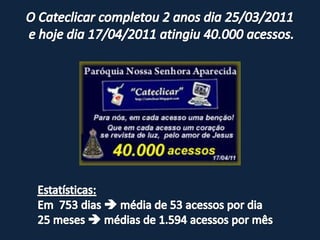 O Cateclicar completou 2 anos dia 25/03/2011  e hoje dia 17/04/2011 atingiu 40.000 acessos. Estatísticas: Em  753 dias  média de 53 acessos por dia 25 meses  médias de 1.594 acessos por mês 