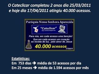 O Cateclicar completou 2 anos dia 25/03/2011  e hoje dia 17/04/2011 atingiu 40.000 acessos. Estatísticas: Em  753 dias  média de 53 acessos por dia Em 25 meses  média de 1.594 acessos por mês 