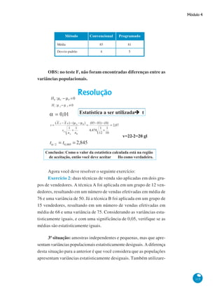 Módulo 4

Método

Convencional

Programado

Média

85

81

Desvio-padrão

4

5

OBS: no teste F, não foram encontradas diferenças entre as
variâncias populacionais.

Agora você deve resolver o seguinte exercício:
Exercício 2: duas técnicas de venda são aplicadas em dois grupos de vendedores. A técnica A foi aplicada em um grupo de 12 vendedores, resultando em um número de vendas efetivadas em média de
76 e uma variância de 50. Já a técnica B foi aplicada em um grupo de
15 vendedores, resultando em um número de vendas efetivadas em
média de 68 e uma variância de 75. Considerando as variâncias estatisticamente iguais, e com uma significância de 0,05, verifique se as
médias são estatisticamente iguais.
3ª situação: amostras independentes e pequenas, mas que apresentam variâncias populacionais estatisticamente desiguais. A diferença
desta situação para a anterior é que você considera que as populações
apresentam variâncias estatisticamente desiguais. Também utilizare-

115

 