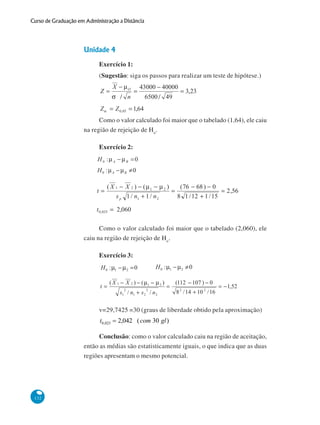Curso de Graduação em Administração a Distância

Unidade 4
Exercício 1:
(Sugestão: siga os passos para realizar um teste de hipótese.)

Como o valor calculado foi maior que o tabelado (1,64), ele caiu
na região de rejeição de Ho.
Exercício 2:

Como o valor calculado foi maior que o tabelado (2,060), ele
caiu na região de rejeição de Ho.
Exercício 3:

v=29,7425 =30 (graus de liberdade obtido pela aproximação)

t0,025 = 2,042 ( com 30 gl )
Conclusão: como o valor calculado caiu na região de aceitação,
então as médias são estatisticamente iguais, o que indica que as duas
regiões apresentam o mesmo potencial.

132

 