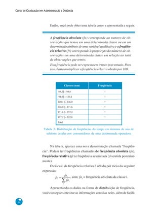 Curso de Graduação em Administração a Distância

Então, você pode obter uma tabela como a apresentada a seguir.

A freqüência absoluta (fa) corresponde ao numero de observações que temos em uma determinada classe ou em um
determinado atributo de uma variável qualitativa e a freqüência relativa (fr) corresponde à proporção do número de observações em uma determinada classe em relação ao total
de observações que temos.
Esta freqüência pode ser expressa em termos porcentuais. Para
isto, basta multiplicar a freqüência relativa obtida por 100.

Classes (mm)

Freqüência

69,2 | – 94,8

?

94,8 | – 120,4

?

120,4 | – 146,0

?

146,0 | – 171,6

?

171,6 | – 197,2

?

197,2 | – 222,8

?

Total

Tabela 3: Distribuição de freqüências do tempo em minutos de uso de
telefone celular por consumidores de uma determinada operadora

Na tabela, aparece uma nova denominação chamada “freqüência”. Podem ter freqüências chamadas de freqüência absoluta (fa),
freqüência relativa (fr) e freqüência acumulada (discutida posteriormente).
O cálculo da freqüência relativa é obtido por meio da seguinte
expressão:
, com fai = freqüência absoluta da classe i.
Apresentando os dados na forma de distribuição de freqüência,
você consegue sintetizar as informações contidas neles, além de facili16

 