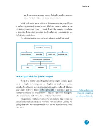 Módulo 4

tra. Por exemplo, quando somos obrigados a colher a amostra na parte da população a que temos acesso.
Você pode notar que a utilização de uma amostra probabilística
é melhor para garantir a representatividade da amostra, pois o acaso
será o único responsável por eventuais discrepâncias entre população
e amostra. Estas discrepâncias são levadas em consideração nas
inferências estatísticas.
Os principais esquemas amostrais são apresentados a seguir.

Amostragem aleatória (casual) simples
Você deve utilizar a amostragem aleatória simples somente quando a população for homogênea em relação à variável que se deseja
estudar. Geralmente, atribuímos uma numeração a cada indivíduo da
população, e através de um sorteio aleatório os elementos que vão
compor a amostra são selecionados. Todos os elementos da população têm a mesma probabilidade de pertencer à amostra.
Imagine que você queira amostrar um número de pessoas que
estão fazendo um determinado concurso com n inscritos. Como a população é finita, devemos enumerar cada um dos n candidatos e sortear n deles.

Pode ser feito por
meio da geração de
um número aleatório.

77

 