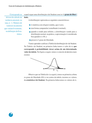 Curso de Graduação em Administração a Distância

Corresponde ao
divisor do cálculo da
variância amostral, ou
seja, n - 1. Número de
variáveis na amostra
que variam livremente,
na definição da Estatística.

a qual segue uma distribuição t de Student com (n-1) graus de liberdade.
A distribuição t apresenta as seguintes características:
é simétrica em relação à média, que é zero;
tem forma campanular (semelhante à normal);
quando n tende para infinito, a distribuição t tende para a
distribuição normal, na prática, a aproximação é considerada
boa quando n >30; e
possui n-1 graus de liberdade.
Vamos aprender a utilizar a Tabela da distribuição de t de Student.
Na Tabela t de Student, na primeira linha temos o valor de α, que
corresponde à probabilidade (área) acima de um determinado
valor da tabela. Na figura a seguir, temos o conceito de α (área mais
escura).

Observe que na Tabela de t (a seguir), temos na primeira coluna
os graus de liberdade (GL) e no centro da tabela, teremos os valores
da estatística t de Student. Na primeira linha temos os valores de α.

86

 