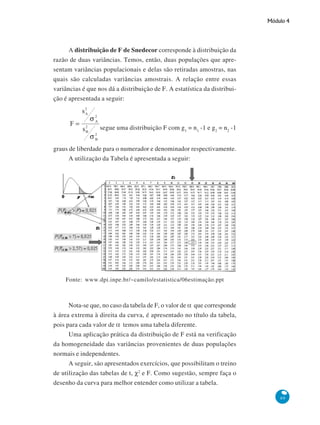 Módulo 4

A distribuição de F de Snedecor corresponde à distribuição da
razão de duas variâncias. Temos, então, duas populações que apresentam variâncias populacionais e delas são retiradas amostras, nas
quais são calculadas variâncias amostrais. A relação entre essas
variâncias é que nos dá a distribuição de F. A estatística da distribuição é apresentada a seguir:

segue uma distribuição F com g1 = n1 -1 e g2 = n2 -1
graus de liberdade para o numerador e denominador respectivamente.
A utilização da Tabela é apresentada a seguir:

Fonte: www.dpi.inpe.br/~camilo/estatistica/06estimação.ppt

Nota-se que, no caso da tabela de F, o valor de α que corresponde
à área extrema à direita da curva, é apresentado no título da tabela,
pois para cada valor de α temos uma tabela diferente.
Uma aplicação prática da distribuição de F está na verificação
da homogeneidade das variâncias provenientes de duas populações
normais e independentes.
A seguir, são apresentados exercícios, que possibilitam o treino
de utilização das tabelas de t, χ2 e F. Como sugestão, sempre faça o
desenho da curva para melhor entender como utilizar a tabela.
89

 