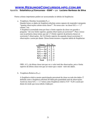 www.ResumosConcursos.hpg.com.br
Apostila: Estatística p/Concursos - ESAF – por Luciano Barbosa da Silva


    Outras colunas importantes podem ser acrescentadas às tabelas de freqüências:

       a. Freqüência Absoluta Acumulada (FAC)
          Quando lemos os dados de freqüência absoluta somos capazes de responder à pergunta:
          “quantas observações caíram nesta classe?”. No nosso caso na classe 0,0 |----- 1,7
          caíram 7 etc.
          A freqüência acumulada toma por base o limite superior da classe em questão e
          pergunta: “até esse limite superior, quantas observações já ocorreram?”. Para o nosso
          caso na primeira classe temos que até 1,7 (limite superior da primeira classe) só
          ocorreram 5 observações. Até 3,4 (limite superior da segunda classe) ocorreram 11
          observações e assim por diante. Dessa forma teremos a seguinte tabela de freqüências:


                                   Classes         Fj   FAC
                                 0,0 |-----1,7      5    5
                                 1,7 |----- 3,4     6   11
                                 3,4 |----- 5,1     6   17
                                 5,1 |----- 6,8     1   18
                                 6,8 |----- 8,5     4   22
                                 8,5 |----10,2      3   25
                                    Total          25   25

           OBS: A FAC da última classe tem que ser o valor total das observações, pois o limite
           superior da última classe tem que ser maior que o maior valor dos dados.


       b. Freqüência Relativa (FREL)

           A freqüência relativa mostra aperticipação percentual da classe no todo dos dados. É
           definida como a freqüência absoluta dividida pela quantidade total de observações.
           Assim na classe 0,0 |-----1,7 temos como freqüência relativa 5/25 = 0,20 e assim por
           diante de modo que nossa tabela é dada por:




                                                  21
 