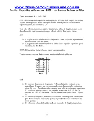 www.ResumosConcursos.hpg.com.br
Apostila: Estatística p/Concursos - ESAF – por Luciano Barbosa da Silva
Para o nosso caso: AC = 10/6 = 1,66
OBS – Podemos trabalhar também com amplitudes de classe mais simples, de modo a
facilitar nossa operação. Neste caso aproximamos o valor para um valor de ordem
superior digamos, no nosso caso, 1,7.
Com estas informações somos capazes de criar uma tabela de freqüência para nosso
dados bastando, para isso, determinarmos o limite inferior da primeira classe.
OBS
 A exigência sobre o limite inferior da primeira classe +e que ele seja menor ou
igual ao menor valor dos dados;
 A exigência sobre o limite superior da última classe é que ele seja maior que o
valor máximo dos dados.
DICA: Utilizar como limite inferior o menor valor dos dados.
Finalmente para os nosso dados temos a seguinte tabela de freqüências:
Classes Fj
0,0 |-----1,7 5
1,7 |----- 3,4 6
3,4 |----- 5,1 6
5,1 |----- 6,8 1
6,8 |----- 8,5 4
8,5 |----10,2 3
Total 25
OBS
 Os números da coluna de freqüências Fj são estabelecidos contando-se as
quantidades de valores que caíram em cada classe. Por exemplo: conta-se na
classe 0,0 |----- 1,7 qualquer valor maior ou igual a 0,0 e estritamente menor que
1,7. Assim os seguintes valores são contados nessa classe: 0,0; 1,0; 1,6. Se
existisse um valor 1,7 esse valor 1,7 seria contado na segunda classe 1,7 |-----
3,4.
 As tabelas de freqüência para os dados contínuos também podem ser utilizadas
para dados discretos. Isso ocorre quando as possibilidades de ocorrências são
muito grandes.
 Os valores na coluna de freqüências Fj são chamados de freqüência absoluta.
20
 