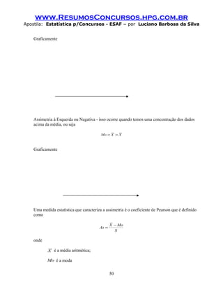 www.ResumosConcursos.hpg.com.br
Apostila: Estatística p/Concursos - ESAF – por Luciano Barbosa da Silva
Graficamente
Assimetria à Esquerda ou Negativa - isso ocorre quando temos uma concentração dos dados
acima da média, ou seja
XX
~
Mo >>
Graficamente
Uma medida estatística que caracteriza a assimetria é o coeficiente de Pearson que é definido
como
S
MoX
As
−
=
onde
X é a média aritmética;
Mo é a moda
50
 