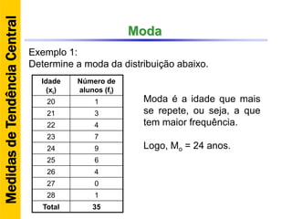 Moda
Exemplo 1:
Determine a moda da distribuição abaixo.
Idade
(xi)
Número de
alunos (fi)
20 1
21 3
22 4
23 7
24 9
25 6
26 4
27 0
28 1
Total 35
Moda é a idade que mais
se repete, ou seja, a que
tem maior frequência.
Logo, Mo = 24 anos.
MedidasdeTendênciaCentral
 