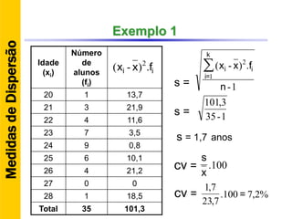 Exemplo 1
Idade
(xi)
Número
de
alunos
(fi)
20 1 13,7
21 3 21,9
22 4 11,6
23 7 3,5
24 9 0,8
25 6 10,1
26 4 21,2
27 0 0
28 1 18,5
Total 35 101,3
ii fxx .)-( 2
1-
.)-(
1
2
n
fxx∑
k
=i
ii
s =
1-35
3,101
s =
s = 1,7 anos
100.
x
s
cv =
%2,7100.
7,23
7,1
=cv =
MedidasdeDispersão
 