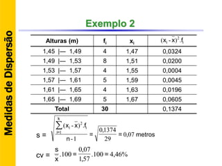 Exemplo 2
Alturas (m) fi xi
1,45 |― 1,49 4 1,47 0,0324
1,49 |― 1,53 8 1,51 0,0200
1,53 |― 1,57 4 1,55 0,0004
1,57 |― 1,61 5 1,59 0,0045
1,61 |― 1,65 4 1,63 0,0196
1,65 |― 1,69 5 1,67 0,0605
Total 30 0,1374
ii fxx .)-( 2
07,0
29
1374,0
1-
.)-(
1
2
==
n
fxx∑
k
=i
ii
%46,4100.
57,1
07,0
100. ==
x
s
cv =
s = metros
MedidasdeDispersão
 